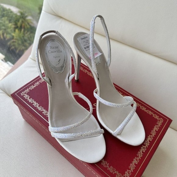 NEW Rene Caovilla Embellished Halter Cocktail Sandals SZ 38 White Crystal - Picture 7 of 9